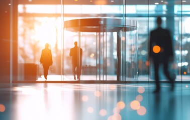 Silhouettes of business people walking through a modern office building entrance with a revolving door.