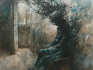 Obraz premium The Unseen Weight of Thought: A Surrealist Exploration of Inner Turmoil