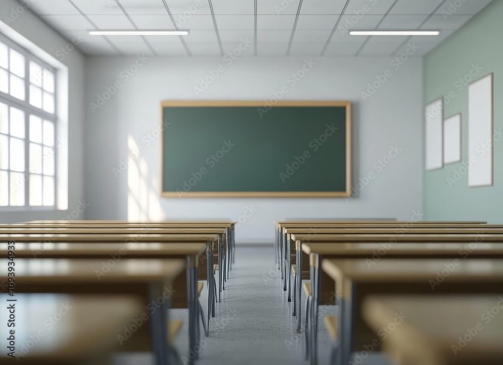 Poster Empty classroom with wooden desks facing a blackboard and a window, sunlight streaming through.