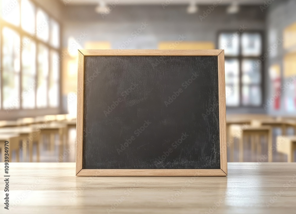 Poster empty chalkboard on a table in a classroom.