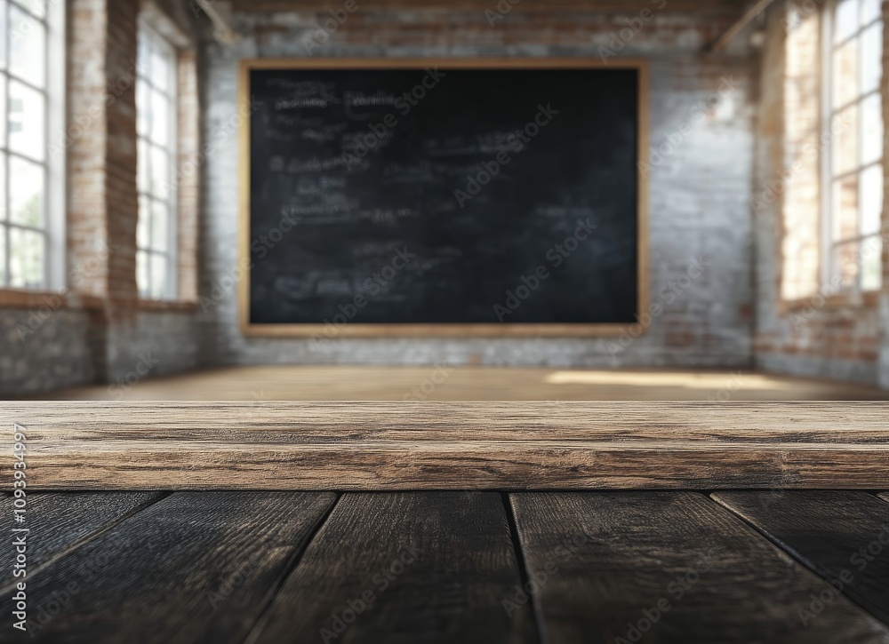 Poster empty wooden table in front of a vintage classroom with a blackboard.