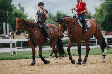 Two girls riding horses on a ranch, wearing helmets and engaging in a conversation about equestrian...