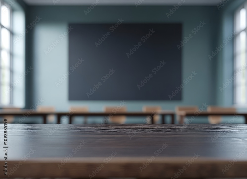 Poster wooden table in a room with a black board in the background, with chairs and a window in the backgro