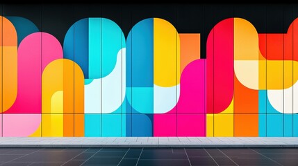 abstract street art. A vibrant mural features bold geometric shapes in bright colors, creating an eye-catching visual display on a wall.