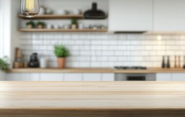 Obraz premium Empty wooden countertop with a blurry background of a modern kitchen with white tiled walls and a wooden shelf with plants.