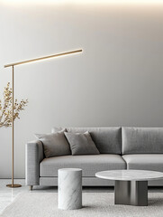 Modern living room featuring gray sectional sofa, marble coffee table, and stylish floor lamp, creating serene and elegant atmosphere