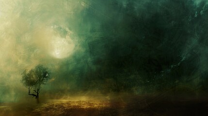 Fototapeta premium Dreamy Moonlight Landscape: A Single Tree Stands Silhouetted Against a Foggy Field