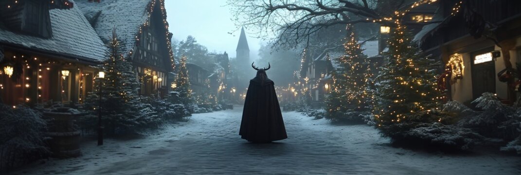 Krampus with goat horns in night winter city. Traditional Christmas devil. Character of European folklore. Saint Nicholas Day, Halloween, Yule, pagan New Year. Man in costume on masquerade party