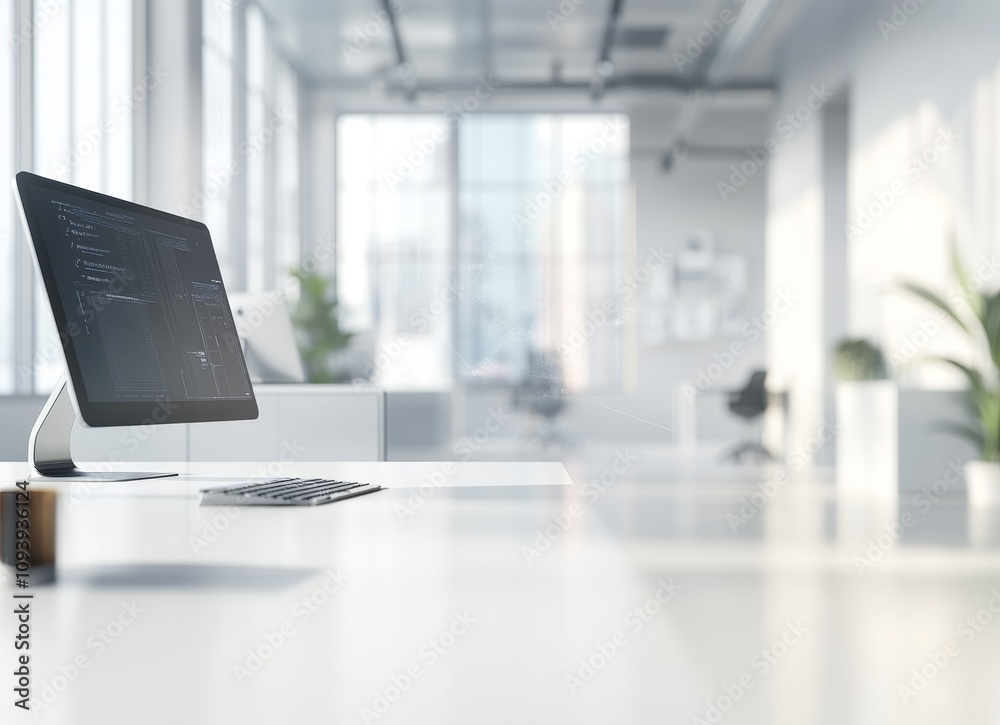 Poster Modern office workspace with a computer monitor on a white desk with a blurred background of the office.