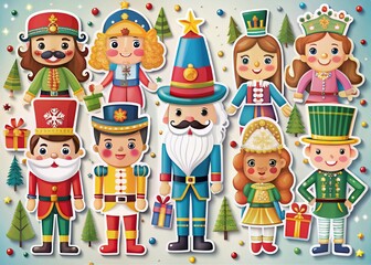 Fototapeta premium Minimalistic Nutcracker Toy Collection for Children Featuring Cartoon Stickers and Mascots Perfect for Social Media and Messaging Platforms in a Bright White Background