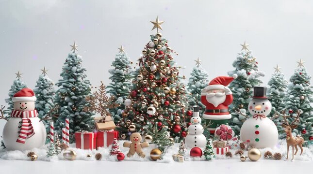 Christmas tee, snowman and Santa with gift and Christmas ornament in snowdrop season