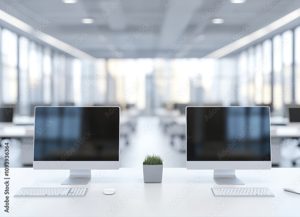 Poster two computer monitors with blank screens on a white desk in a modern office with blurred background.