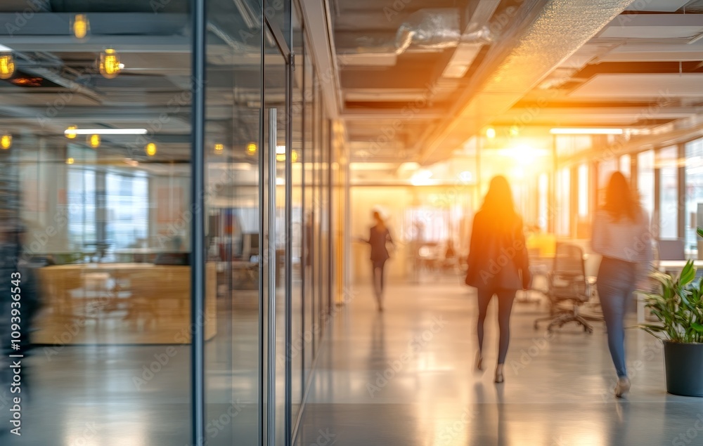 Poster Blurred view of modern office space with people walking through corridor towards the window with sunlight streaming in.