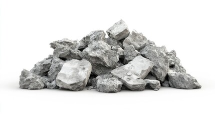 Fototapeta premium A Pile of Natural Gray Stones in Various Shapes and Sizes on a White Background, Perfect for Use in Construction, Landscaping, or Design Projects
