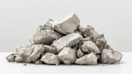Naklejka premium A Pile of Raw White Plaster Stones on a Simple White Background Used for Construction, Decorating, and Sculpting Purposes in Modern Interiors and Art Projects
