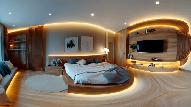 An immersive 360-degree equirectangular panorama of a cozy bedroom in a modern house, with LED strips embedded in 4K Video