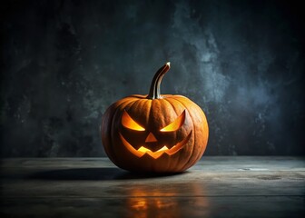 Minimalist Photography of a Sinister Pumpkin with an Evil Expression Set Against a Simple Background, Perfect for Halloween and Seasonal Decor Inspiration