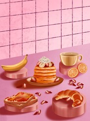 arrangement of sweet and salty foods and drinks for background or design needs.