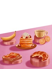 arrangement of sweet and salty foods and drinks for background or design needs.