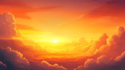 A vibrant orange and yellow sunset sky with wispy clouds at the horizon. Clouded Sunset Horizon. Illustration