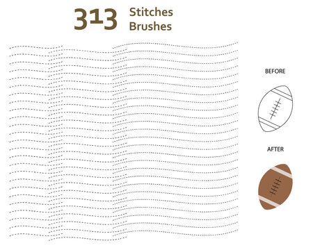 Set of 313 stitches art brushes with various lengths for clothes, decoration, story book, animation/illustration. Compatible with Adobe Illustrator CS6 and above.