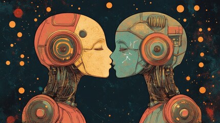 Two robots, one with warm orange tones and the other with cool teal, share a tender kiss against a dark, starry backdrop. Their intricate mechanical details