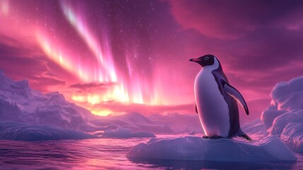 a lone emperor penguin standing confidently on an iceberg shaped like an upward arrow, symbolizing growth and strategic vision, with a glowing aurora in the sky, 