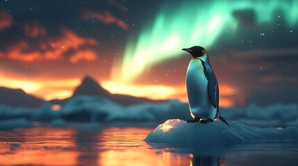 Obraz premium a lone emperor penguin standing confidently on an iceberg shaped like an upward arrow, symbolizing growth and strategic vision, with a glowing aurora in the sky, 