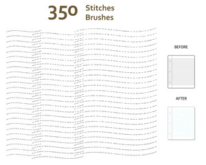 Set of 350 mixed stitches art brushes with various lengths for clothes, decoration, story book, animation/illustration. Compatible with Adobe Illustrator CS6 and above.