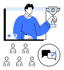 Virtual meeting window with person holding trophy, five outline figures as audience, speech bubbles with check mark. Ideal for online events, recognition, achievement, communication, virtual