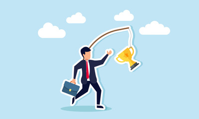 A businessman tries to catch a trophy hanging from a rope tied to a wooden plank attached to his body, illustration of efforts to get achievement and business success