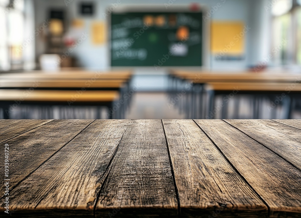 Poster a close-up of a wooden table in a classroom with a blurred background of desks and a chalkboard.