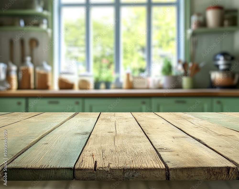 Aufkleber rustic wooden tabletop with blurred background of a kitchen counter.