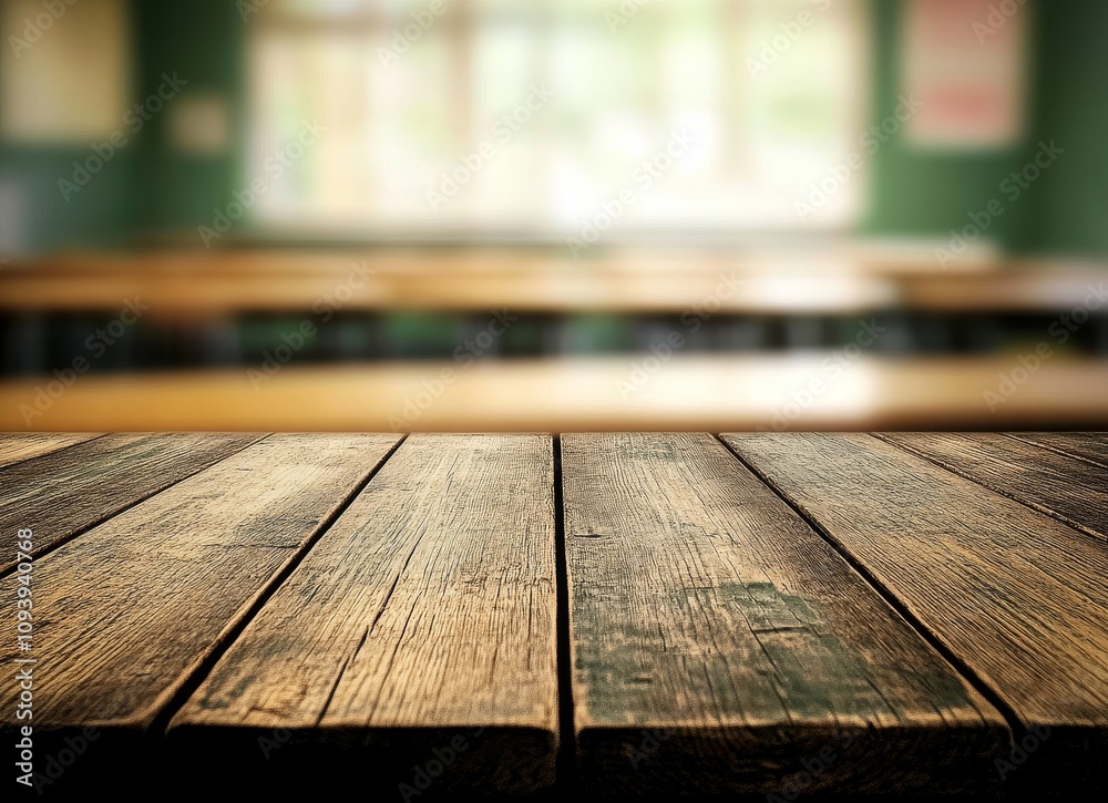 Aufkleber a close-up shot of a weathered wooden table in focus with a blurred classroom in the background.