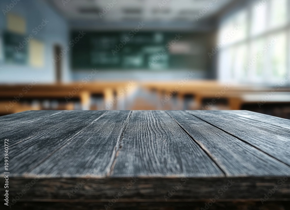 Poster empty wooden desk in a classroom with blurred background.