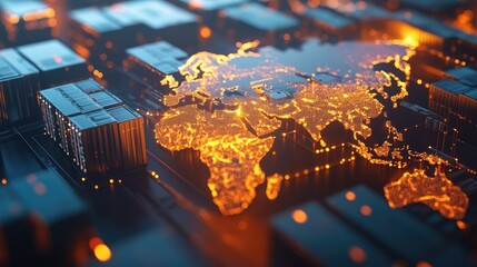 A glowing world map on a circuit board, representing global connectivity and technology.