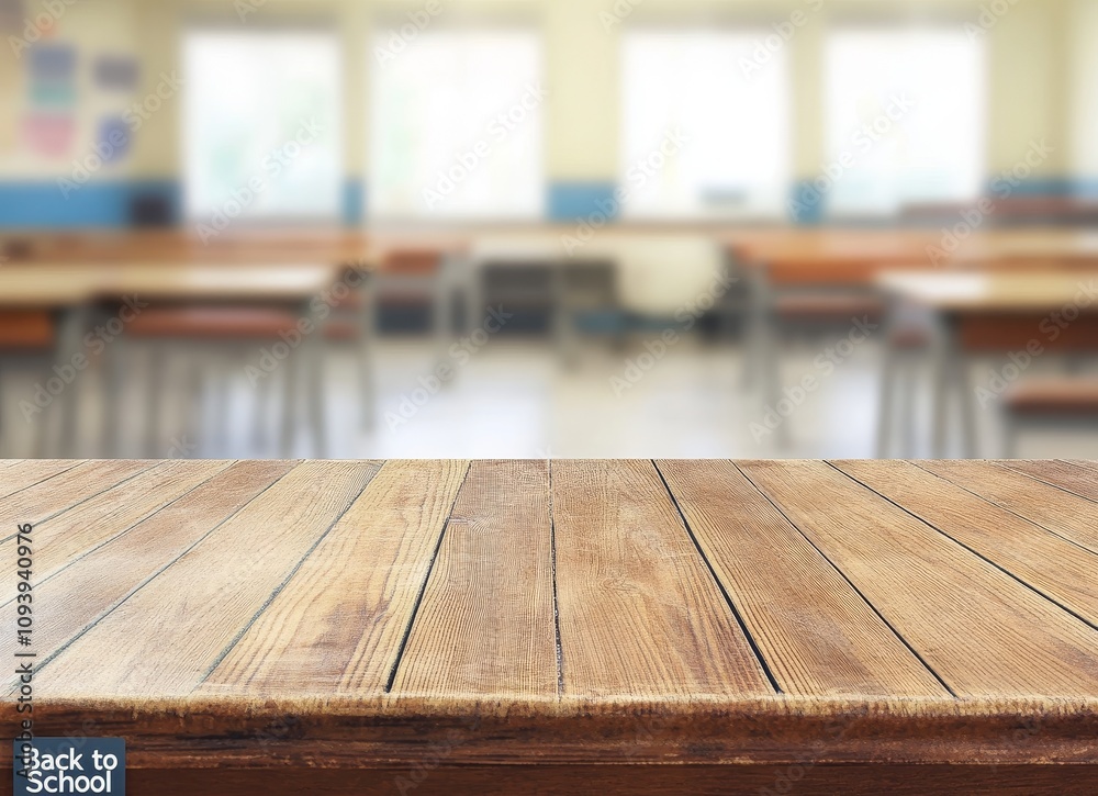 Poster empty wooden table in a classroom with blurred background of desks and chairs.