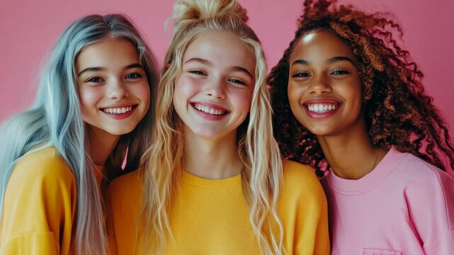 Happy teenage girls posing on pink background 4K Video
