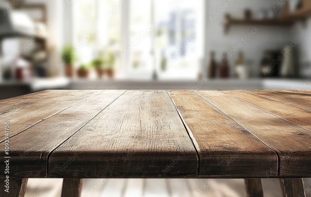 Poster A close up view of a rustic wooden table top with a blurred background of a kitchen.