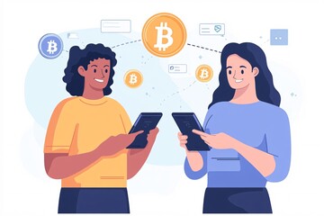 A casual illustration of two friends transferring Bitcoin using mobile apps, symbolizing the ease of cryptocurrency adoption