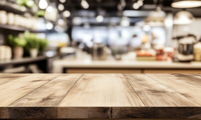 Wooden tabletop with blurred background of a cafe or restaurant interior.