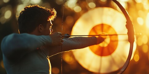 Young man aiming arrow at target during sunset.