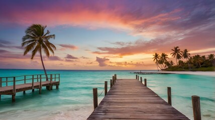Obraz premium sunset on the beach, Idyllic Tropical Beach with Turquoise Waters and Sunset
