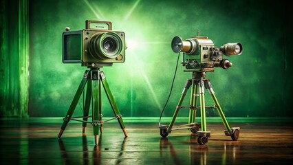 Modern Empty Green Photo Studio Featuring an Old Style Movie Camera in a Creative Double Exposure Photography Composition for Artistic Visuals and Inspiration