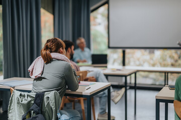 A group of students attentively listening to an elderly professor in a modern classroom setting. The atmosphere is focused and educational, highlighting collaborative learning.