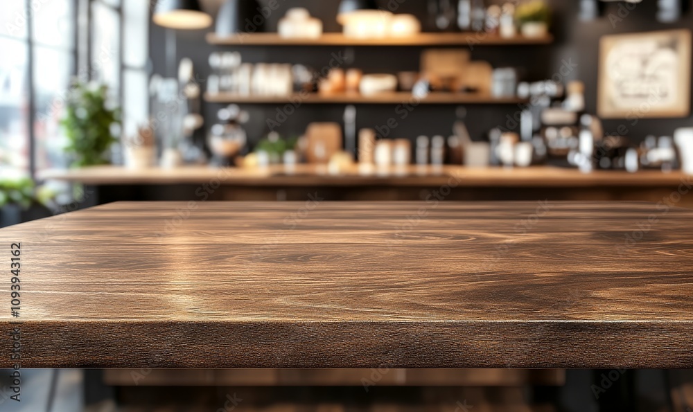 Poster a wooden table top with a blurred background of a cafe.