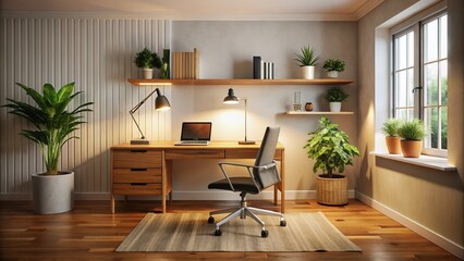 Fototapeta premium Modern Home Office with Wooden Desk and Office Chair in Scandinavian Interior Design, Featuring Low Light Ambiance and Cozy Workplace Atmosphere Against a White Wall