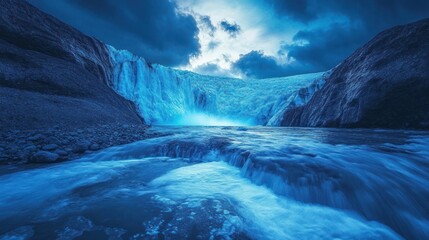 Majestic Glacial Waterfall in Iceland: A Serene Blue Paradise