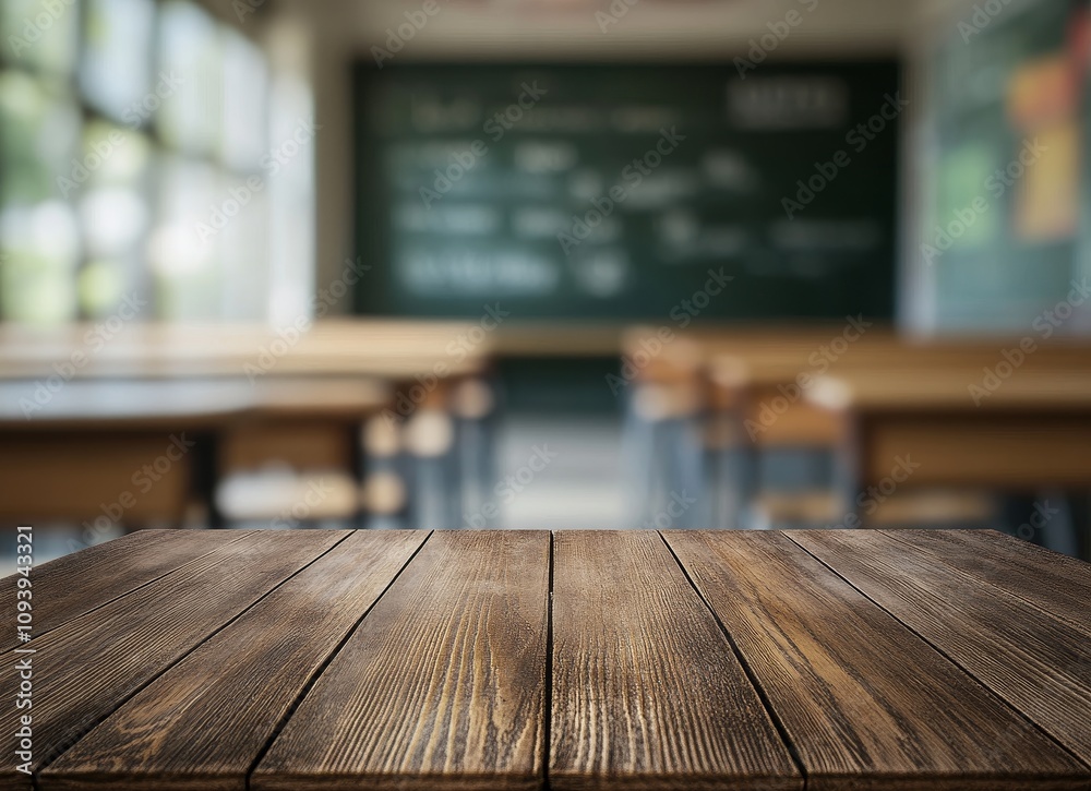 Poster a wooden table with a blurred background of a classroom with desks and chairs.