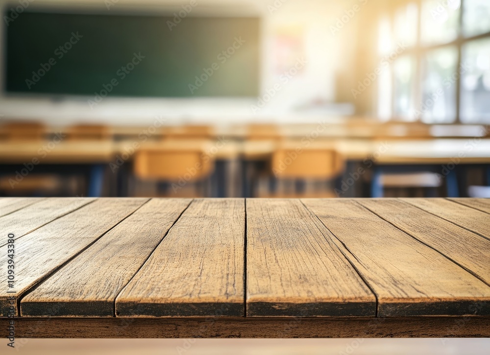 Poster empty wooden table in front of a blurred classroom background.